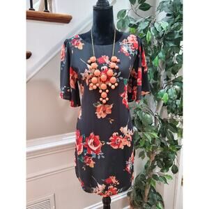 Everly Women's Black Floral Round Neck Short Sleeve Casual Knee Length Dress S
